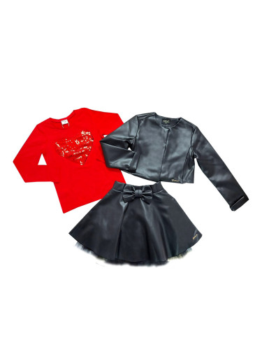 Комплект от 3 части-детска кожена пола в черно, блузка в червено и ко