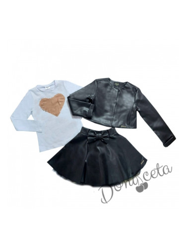 Комплект от 3 части-детска кожена пола в черно, блузка със сърце и ко