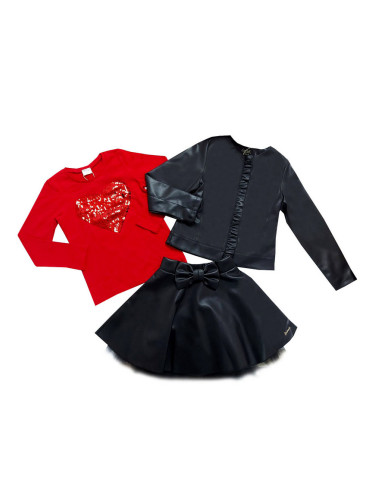 Комплект от 3 части- кожена пола, блуза в червено и кожено яке с цип в