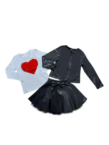 Комплект от 3 части- кожена пола, блуза в бяло и кожено яке с цип в че