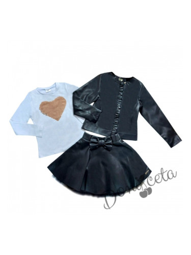 Комплект от 3 части- кожена пола, блуза в бяло със сърце и кожено яке 