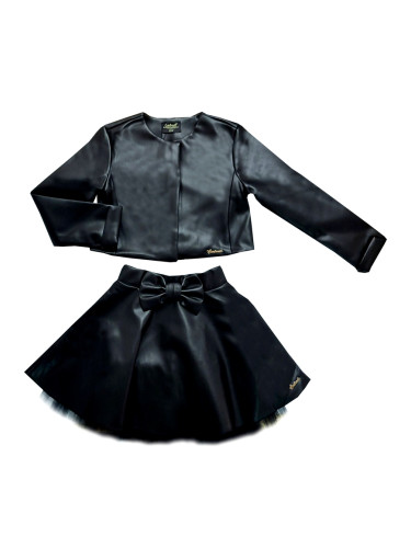 Комплект от кожена пола и късо кожено яке в черно за момиче