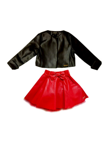 Комплект Дивна от кожена пола в червено и късо кожено яке в черно Cont