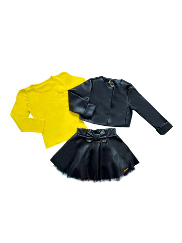 Комплект Дари от 3 части-детска кожена пола в черно, блузка в жълто и
