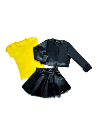 Комплект Дари от 3 части- кожена пола, тениска в жълто и кожено яке в 