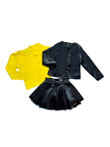 Комплект от 3 части- кожена пола в черно , блуза в жълто и кожено яке 