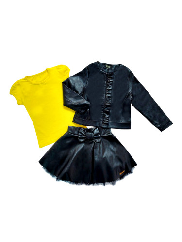 Комплект от 3 части- кожена пола в черно,тениска в жълто и кожено яке 