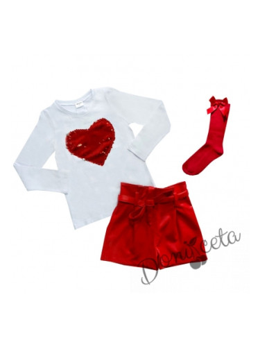 Комплект Дивна от детска блузка в бяло и кожени панталони в червено и 