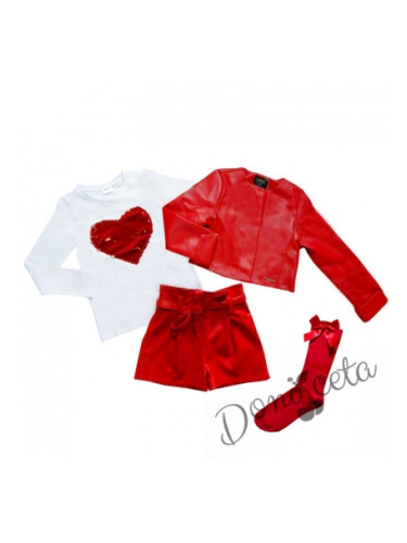 Комплект от 4 части- къси кожени панталони, блузка в бяло,3/4 чорапи и