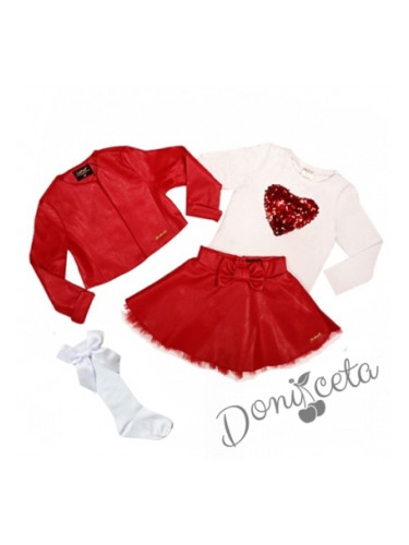 Комплект от 4 части-детска кожена пола в червено, блузка в бяло,3/4 ч