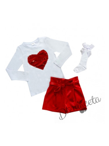 Комплект Дивна от детска блузка в бяло и кожени панталони в червено и 