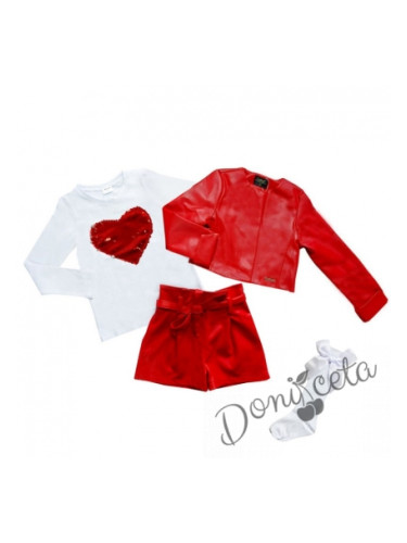 Комплект Дивна от 4 части- къси кожени панталони, блузка в бяло,3/4 ч