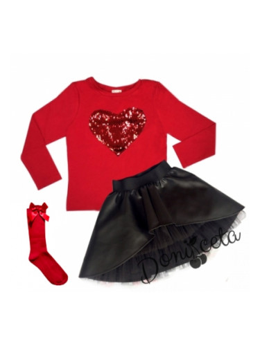 Комплект Дари от кожена пола в черно, блузка със сърце от пайети в чер