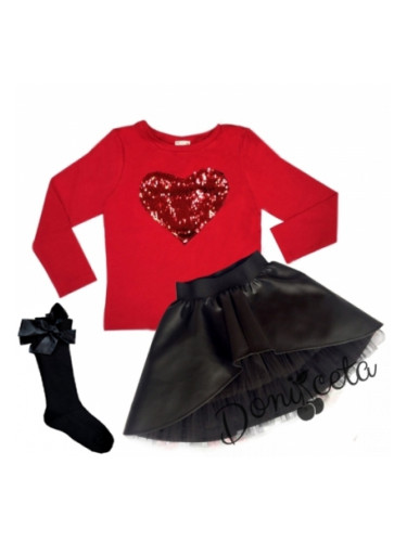 Комплект дари от кожена пола в черно, блуза със сърце от пайети в черв