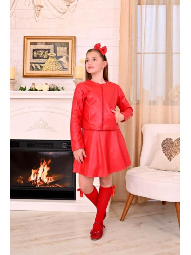 Комплект от кожена пола и кожено яке в червено за момиче Дивна