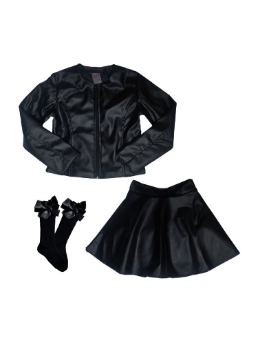 Комплект Дари от кожена пола, кожено яке и чорапи в черно за момиче