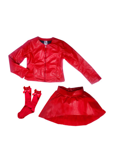 Комплект от кожена пола и кожено яке и чорапи Дивна в червено за момич