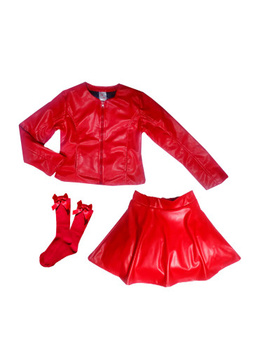Комплект от кожена пола и кожено яке Дивна в и чорапи червено за момич