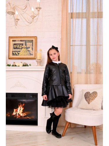 Комплект Дари от кожена изрязана пола и кожено яке в черно за момиче
