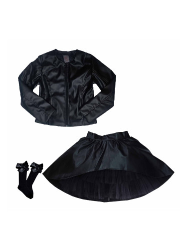 Комплект Дари от кожена изрязана пола, кожено яке и чорапи в черно за