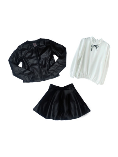 Комплект от 3 части риза в бяло на Contrast, кожена пола в черно и яке