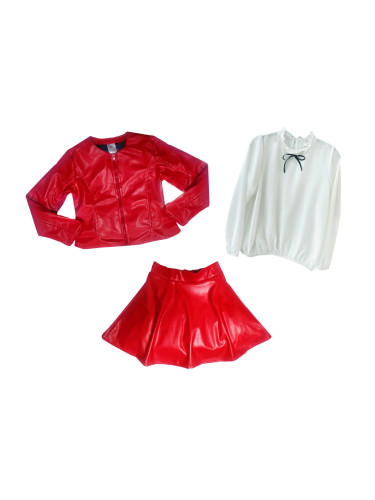 Комплект от 3 части риза в бяло на Contrast, кожена пола в червено и я