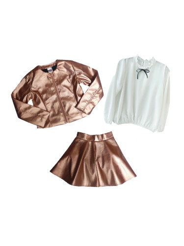 Комплект от 3 части риза в бяло на Contrast, кожена пола в златисто пе