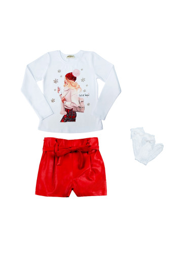 Комплект от 3 части - детска блузка в бяло с коледна картинка на момич