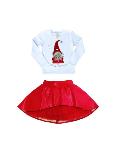 Комплект от блуза в бяло с дълъг ръкав с момиче и кожена пола в червен