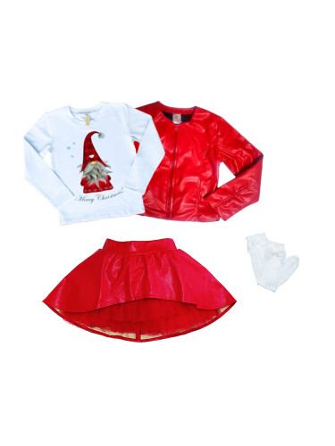 Комплект от 4 части - блуза в бяло с момиче,изрязана кожена пола в че