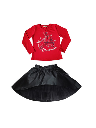 Комплект от блуза в червено с дълъг ръкав с еленче и кожена пола в чер