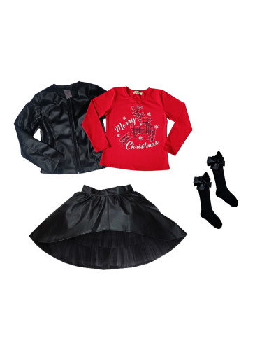 Комплект от 4 части - блуза в червено с еленче, изрязана кожена пола 