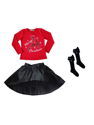 Комплект от блуза в червено с дълъг ръкав с еленче, кожена пола в черн