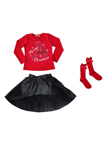 Комплект от блуза в червено с дълъг ръкав с еленче, кожена пола в черн