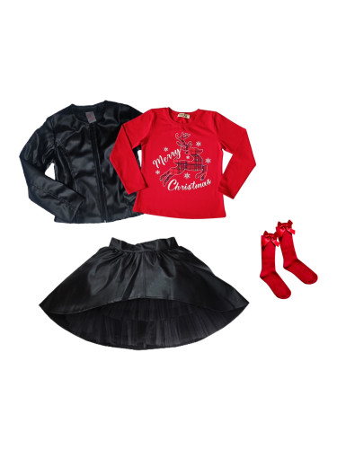 Комплект от 4 части - блуза в червено с еленче, изрязана кожена пола 