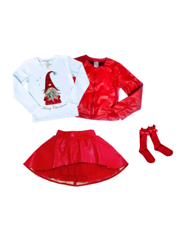 Комплект от 4 части - блуза в бяло с момиче, изрязана кожена пола в ч