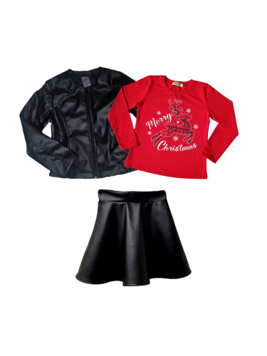 Комплект от 3 части - блуза в червено с еленче, кожена пола в черно и 