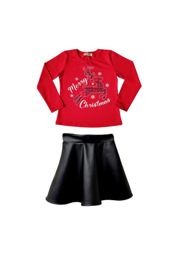 Комплект от блуза в червено с дълъг ръкав с елен и кожена пола в черно