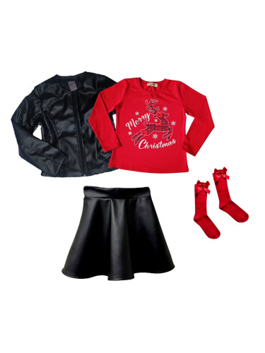 Комплект от 4 части - блуза в червено с еленче, кожена пола в черно, к