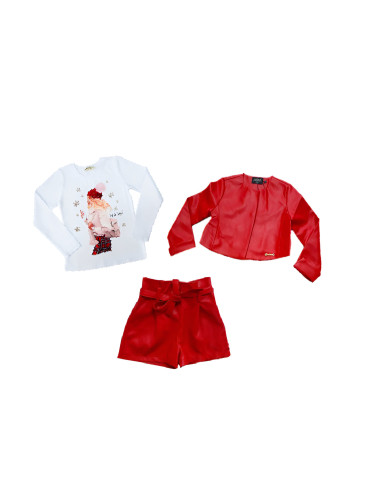 Комплект от 3 части- къси кожени панталони, блуза с момиче и кожено як