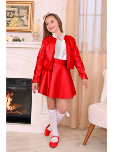 Комплект от кожена пола, яке и риза в бяло с червени къдрици 