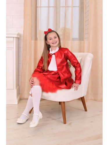 Комплект от кожена пола, яке и риза в бяло с червена панделка 