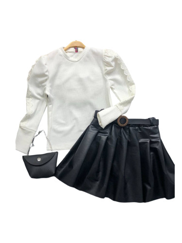 Комплект за момиче от блуза в екрю с дантела, плисирана кожена пола в 