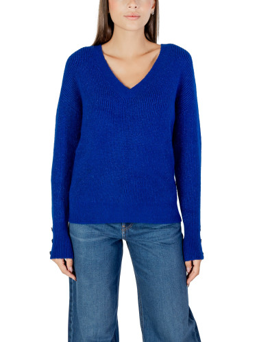 Син пуловер с V-образно деколте