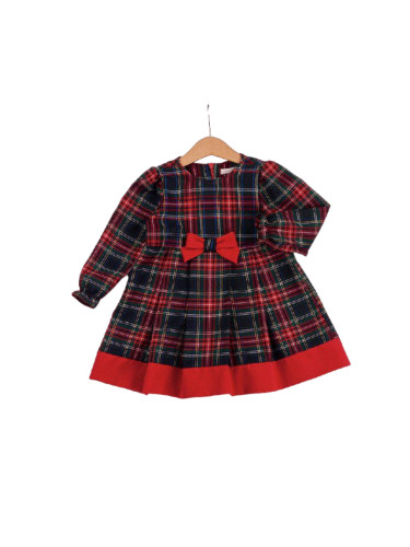 Детска рокля с дълъг ръкав Карена в червено каре с червена лента в дол