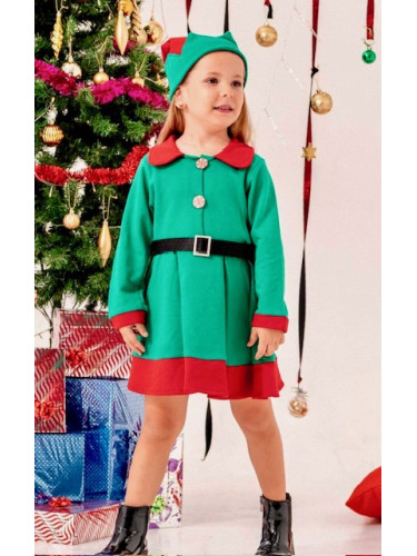 Детска коледна рокля в зелено с колан и аксесоар шапка Шели