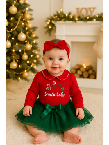 Коледен бебешки комплект от боди в червено с якичка и туту пола в зеле