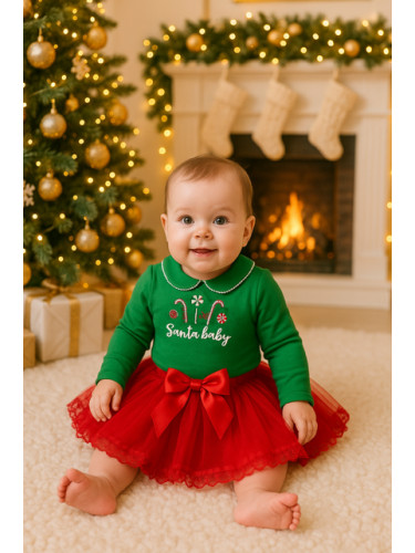 Коледен бебешки комплект от боди в зелено с якичка и туту пола в черве