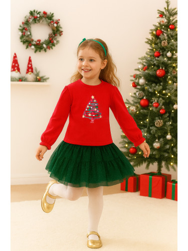 Детски коледен комплект от ватирана блуза в червено с елхичка и пола с