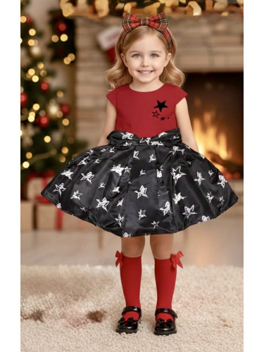 Официална детска рокля с къс ръкав на звездички в черно и червено